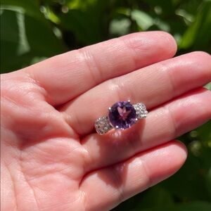 Genuine Natural Purple Amethyst 3.05ct, White Topaz .05 Gemstone 925 Silver Ring